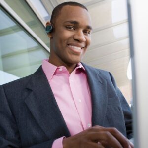 business person in front of office