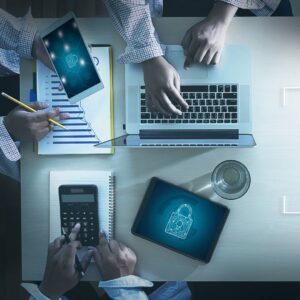 cybersecurity concept, laptop and tablets with lock icon